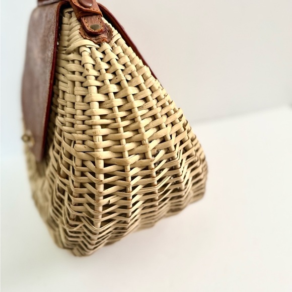 Vintage 50s Art Deco Shell Wicker Leather Basket Bag Retro Rockabilly Pinup Boho - Picture 5 of 11